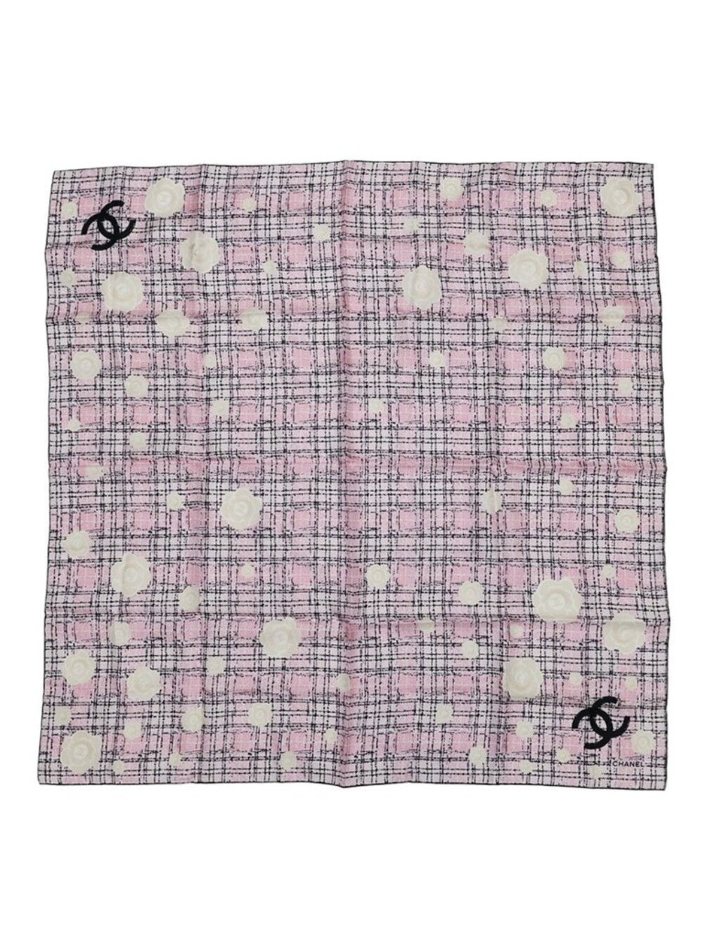 Chanel Scarf CC Logo Camellia Tweed Pattern Silk